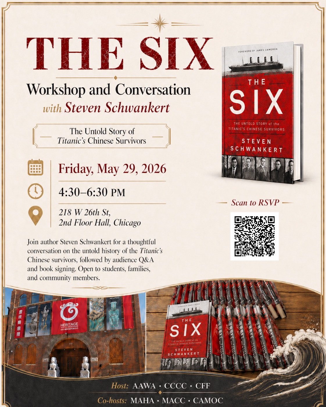 Event flyer for The Six: Workshop and Conversation with Steven Schwankert, Friday May 29, 2026, 4:30–6:30 PM, 218 W 26th St, 2nd Floor Hall, Chicago